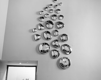Silver Mirrorized Hand blown Glass Hanging Stones | Blown Glass | Wall Art Deco From Mexico | 100% Recycled Glass Silver 8 - 20 cm. (11 Set)