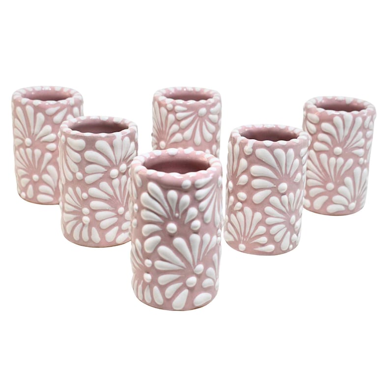 Handmade Talavera Pottery Shot Glasses | Tequila Cups, Pink Floral (2 Oz.) image 1