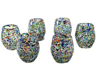 Vasos de chupito con confeti mexicano / Vidrio reciclado soplado a mano, juego de 6