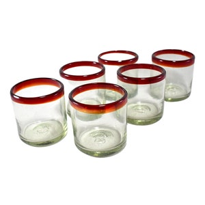 MAREY Mexican Drinking Glasses | Artisan Crafted | Blown Glass | Set of 6 Pieces | 100% Recycled | (Red Rim, Old Fashioned 8 Oz.)