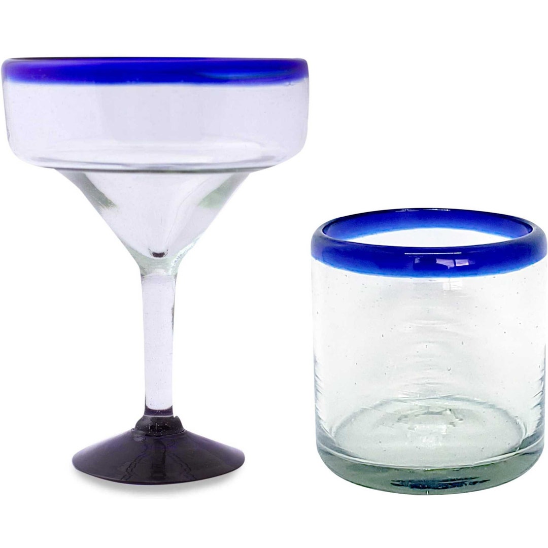 Mexican Margarita Glass & Old Fashioned Drinking Glass Hand Blown Glass cobalt Blue Rim