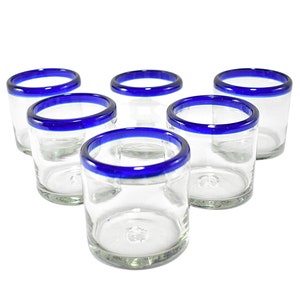 MAREY Mexican Drinking Glasses | Artisan Crafted | Blown Glass | 100% Recycled | (Cobalt Blue Rim, Old Fashioned 8 Oz.) Set of 6 Pieces