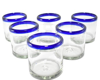 Blown Glass Mexican Drinking Glasses | Set of 6 pieces (Cobalt Blue Rim, Old Fashioned 8 Oz.)