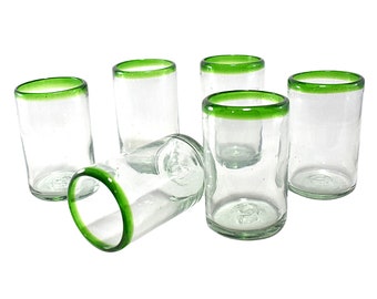 MAREY Mexican Drinking Glasses | Artisan Crafted | Blown Glass | 100% Recycled Glass | (Green Rim, Water 16 Oz.)