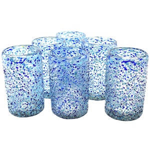 MAREY Mexican Drinking Glasses | Artisan Crafted | Blown Glass | 100% Recycled Glass | (Sky Blue Hail, Water 16 Oz.) Set of 6 Pieces