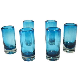 MAREY Shot Glasses | Mexican Blown Glass | Tequila Glasses Artisan Crafted in Mexico | Set of 6 pieces | 100% Recycled | (Solid Aqua, 2 Oz.)