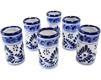 MAREY Mexican Pottery Shot Glasses | Talavera Poblana | Talavera Pottery | 100% Handmade Ceramic from Mexico | Tequila Cups (Blue, 2 Oz.)