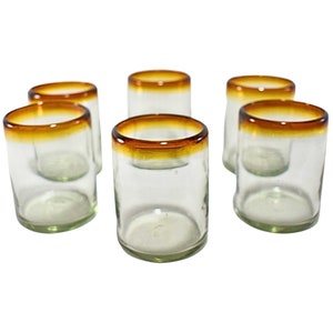 MAREY Handblown Mexican Drinking Glasses | Artisan Crafted | Drinkware Set | 100% Recycled Glass | (Amber Rim, Tumbler 10 Oz.) - Set of 6 -