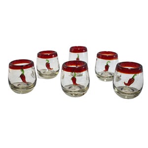 Mexican Shot Glasses | Hand Blown Tequila Cups | 6 Shot Glasses | 100% Recycled Glass | (Red Rim W Chilli, Mezcal Cups, Barrel 2 Oz.)
