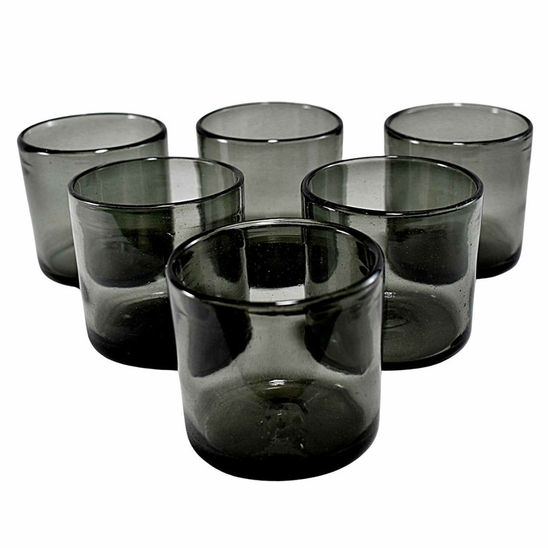 MAREY Hand blown Drinking Glasses Artisan Crafted | Mexico | Set of 6 pieces | Blown Glass | Traditional | Old Fashioned (Solid Gray, 8 Oz.)