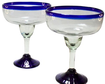 Mexican Margarita Glasses | Hand blown | Mexico glassware | Blown Glass | 100% Recycled Glass | (Cobalt Blue Rim, Margarita 16 Oz.)