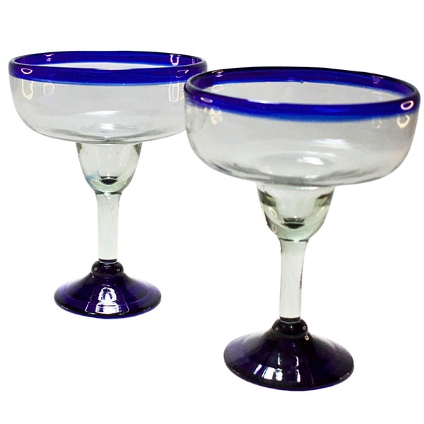 Mexican Margarita Glasses | Hand blown | Mexico glassware | Blown Glass | 100% Recycled Glass | (Cobalt Blue Rim, Margarita 16 Oz.)
