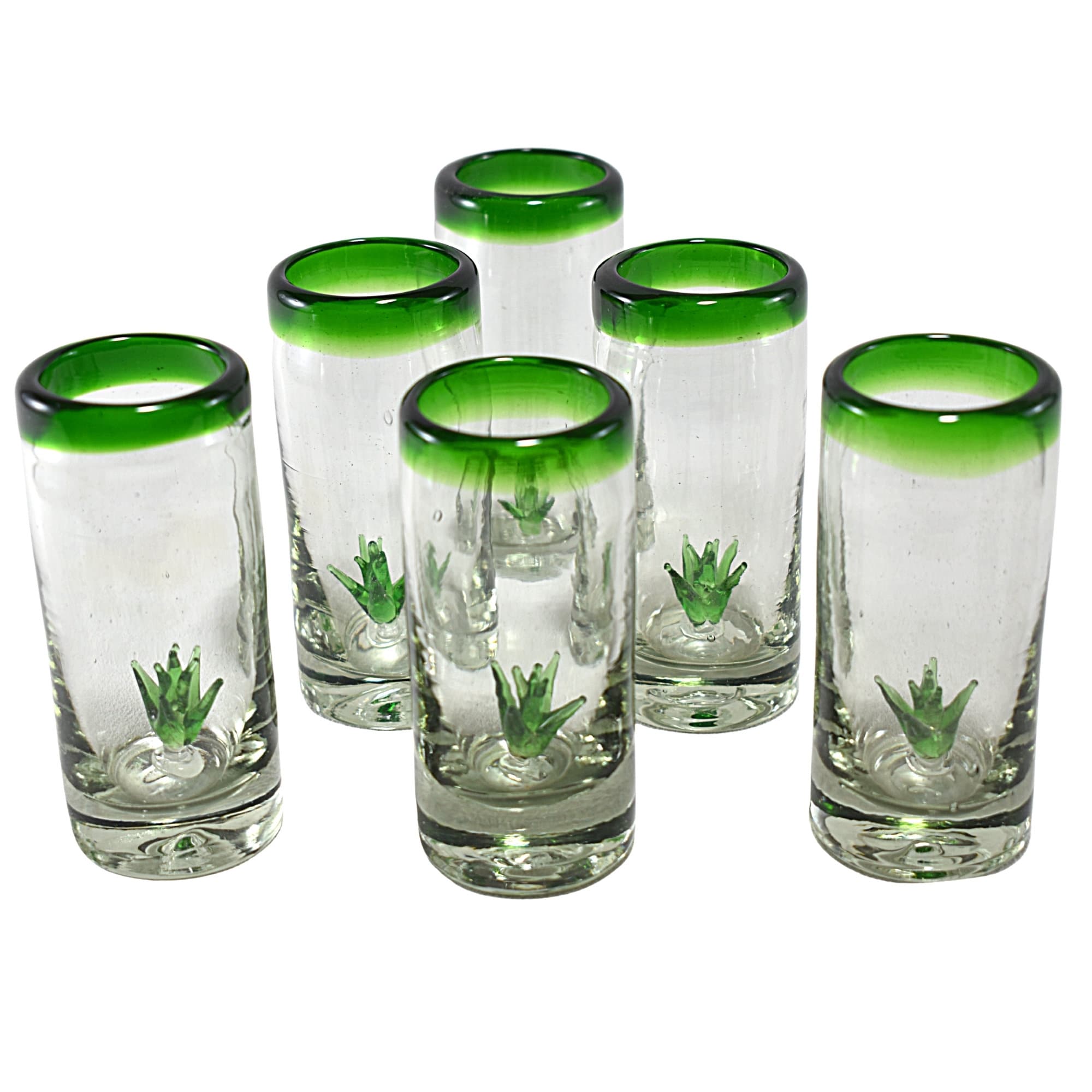 Mexican Shot Glasses | Blown Glass | Tequila Glasses Artisan Crafted in Mexico | 100% Recycled | (Green Rim Agave, 2 Oz.)