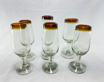 MAREY Champagne Glasses Mexican Blown Glass | Artisan Crafted | Set of 6 Pieces | 100% Recycled Glass | (Short Glass, Amber Rim)