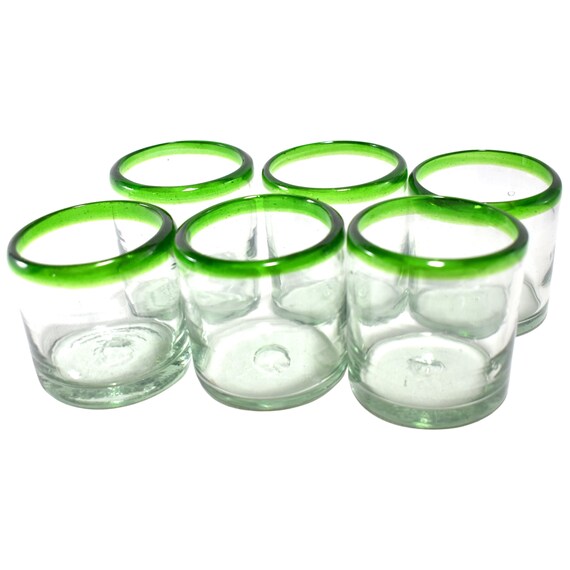 MAREY Mexican Drinking Glasses Artisan Crafted Blownglass Set of 6 Pieces  100% Recycled Glass aqua Rim, Water 16 Oz. 