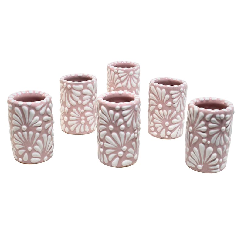 Handmade Talavera Pottery Shot Glasses | Tequila Cups, Pink Floral (2 Oz.) image 3