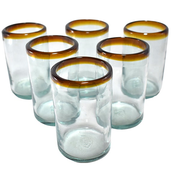 MAREY Mexican Drinking Glasses Artisan Crafted Blownglass Set of 6 Pieces  100% Recycled Glass aqua Rim, Water 16 Oz. 