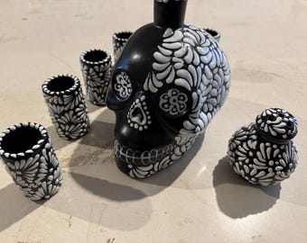 Handmade Talavera Pottery Shot Glass Set | Skull Liquor Bottle & Salt Shaker