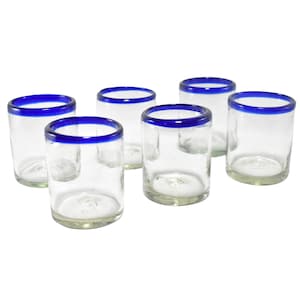 MAREY Mexican Drinking Glasses | Artisan Crafted | Blown Glass | Drinkware Set | 100% Recycled | (Cobalt Blue Rim, Old Fashioned 10 Oz.)