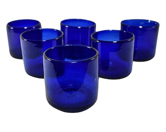 MAREY Mexican Drinking Glasses | Artisan Crafted | Blown Glass | Set of 6 Pieces | 100% Recycled | (Solid Cobalt Blue, Old Fashioned 8 Oz.)