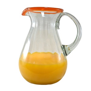 MAREY Glass Pitcher for Water | Artisan Handcrafted | Blown Glass from Mexico (Orange Rim -Stripped Texture-, 2 Lt.)