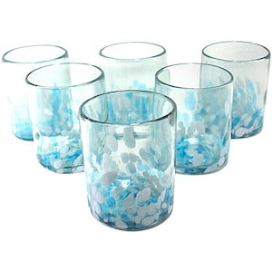 MAREY Mexican Drinking Glasses | Artisan Crafted | Blown Glass | Set of 6 Pieces | 100% Recycled Glass | (Sky Confetti, Old Fashioned 10 Oz)