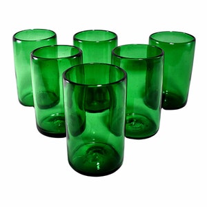 MAREY Mexican Drinking Glasses | Artisan Crafted | Handblown Glass | 100% Recycled Glass | (Solid Green, Water 16 Oz.) Set of 6 Glasses
