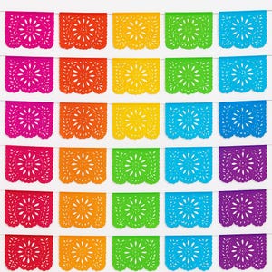 Mexican Papel Picado Banner (10 Paper Flags Banner) - 16 feet long - Multicolor - (1 banner pack) Customizable