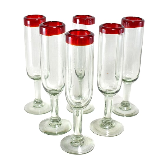 MAREY Champagne Glasses Mexican Blown Glass Artisan Crafted Set of 6 Pieces  100% Recycled Glass large Glass, Red Rim 