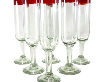 MAREY Champagne Glasses Mexican Blown Glass Artisan Crafted Set of 6 Pieces  100% Recycled Glass large Glass, Red Rim 