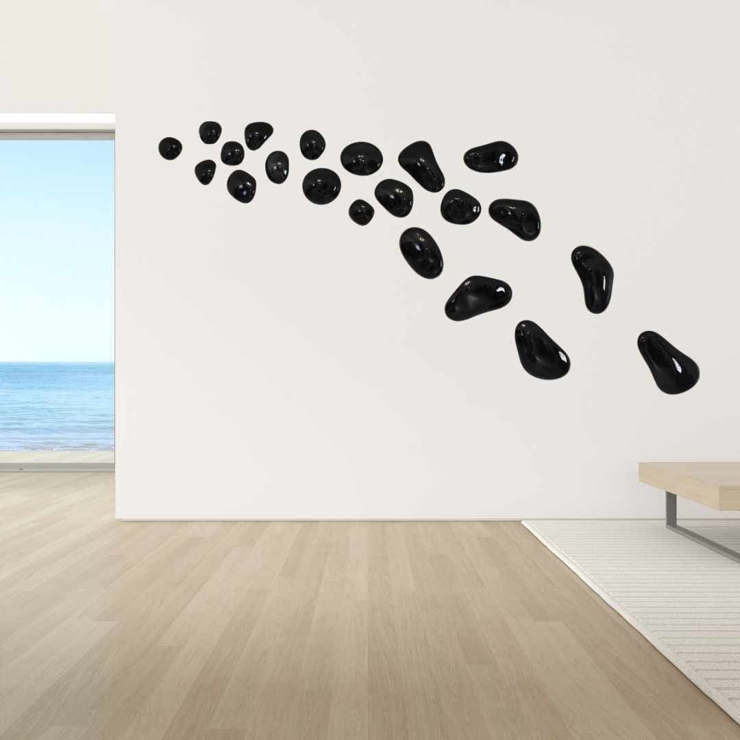 Black Hanging Stones | Wall Art Deco | Hand Blown Glass Pebbles Made in Mexico | 100% Recycled Blown Glass (Black, 8 - 30 cm.)