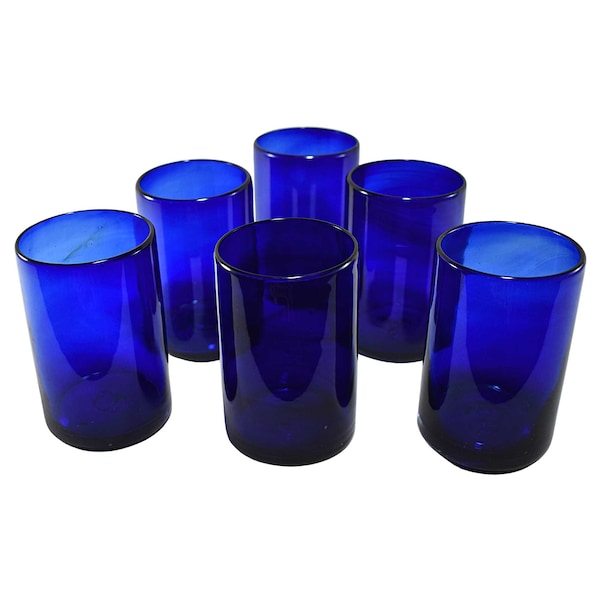 MAREY Verres à boire mexicains | Fabriqué artisanalement | Verre soufflé | Ensemble de 6 pièces | 100 % recyclé | (Bleu cobalt solide, eau 16 oz.)