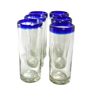 MAREY Mexican Drinking Glasses | Handblown Artisan Crafted | Blown Glass | 100% Recycled | (Cobalt Blue Rim, Highball 13 Oz.) - 6 glasses
