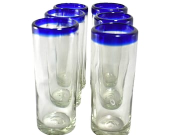 MAREY Mexican Drinking Glasses | Handblown Artisan Crafted | Blown Glass | 100% Recycled | (Cobalt Blue Rim, Highball 13 Oz.) - 6 glasses