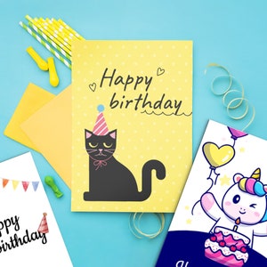3 paquets de cartes d’anniversaire numériques, cartes postales Happy Birtday imprimables chat drôle A6 (4,1 x 5,8 po), carte de vœux amusante Bday