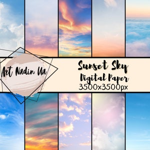Sunset Sky Overlays scrapbook paper pack, Pink Sky, Beach Sky Overlays, Clouds Sky Digitale Achtergrond Photoshop Overlays