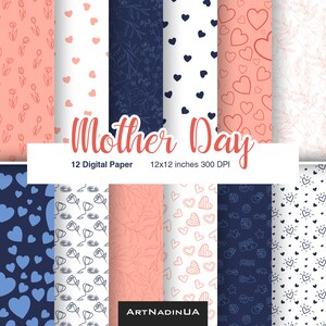 Pacchetto di carta digitale per la festa della mamma, pacchetto di sfondi per album di ritagli per la mamma, motivi floreali primaverili con cuori, download immediato stampabile