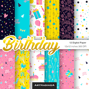 Pacchetto di carta digitale per compleanno, pacchetto di sfondi per album, modello di clip art regalo, cartolina d'auguri, cartolina, palloncino, clipart estiva di torta