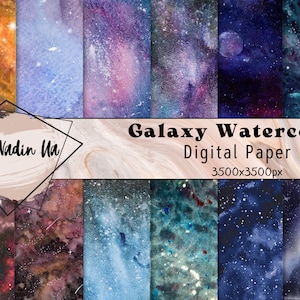 Galaxy watercolor digital paper, space pattern, stardust background, universe texture, cosmic backdrop, night sky stars, starry night