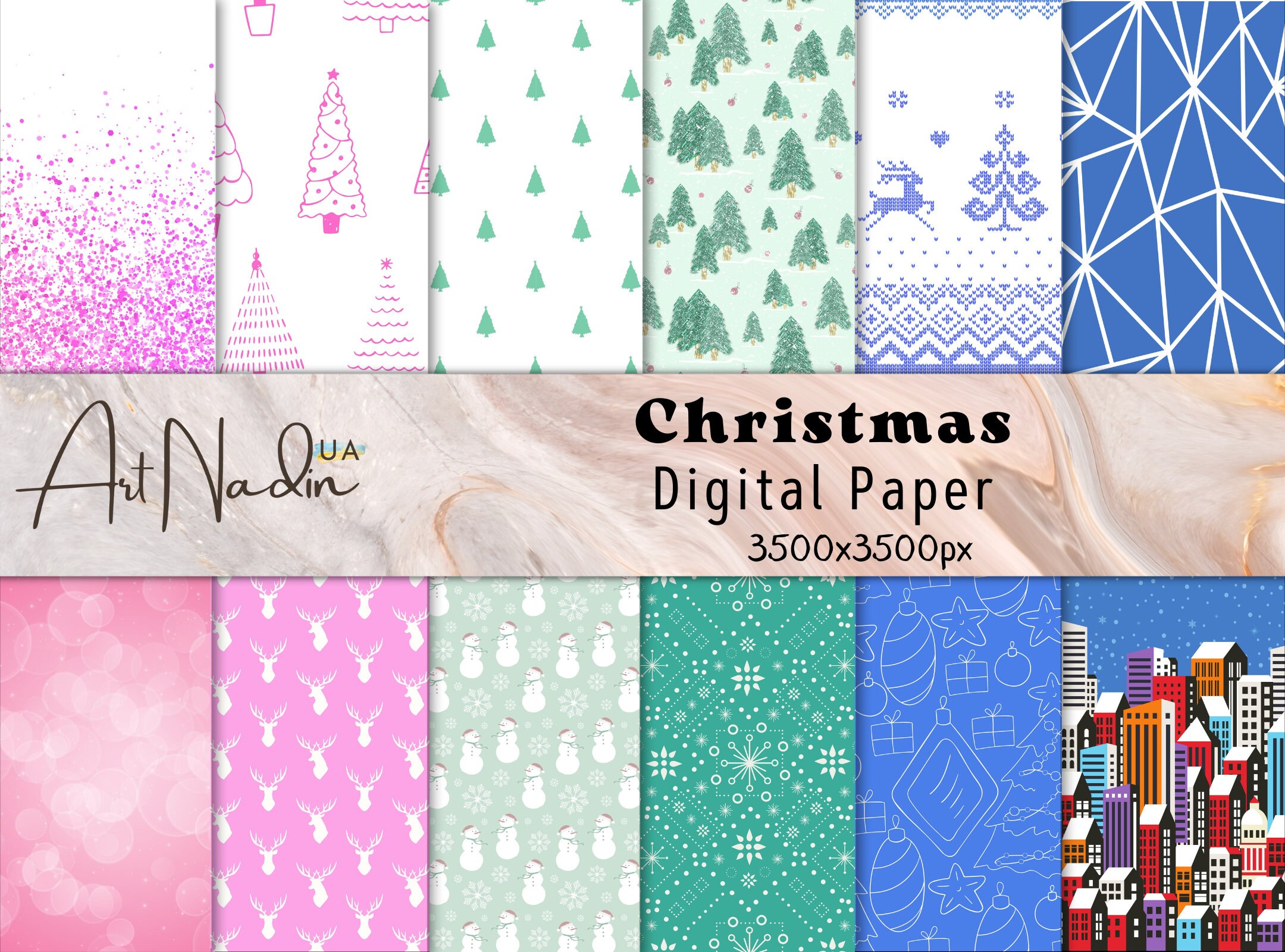 Christmas Digital Paper Pack, Pink BluNavy Mint Scandi Digital Background Bundle, Winter Holidays, Digital Scrapbooking, Commercial Use