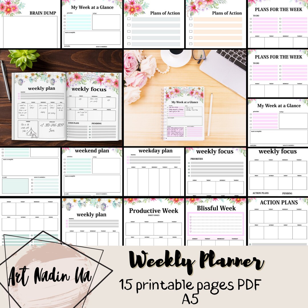Weekly Planner Printable Landscape, Floral Weekly Schedule, Week at a ...