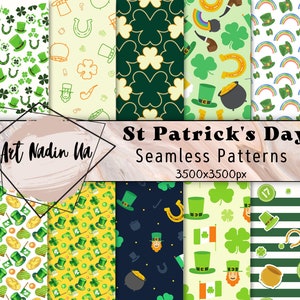 St Patrick&#39;s Day Seamless Patterns, Irish Shamrock Digital Paper Backgrounds, Scrapbooking Printable Paper, Craft Paper