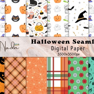 Halloween Digital Paper Pack, Commercial Use, Scrapbook Paper Background, Seamless Pattern, Cute Designer Paper, Witch Pumpkin Skull Cat