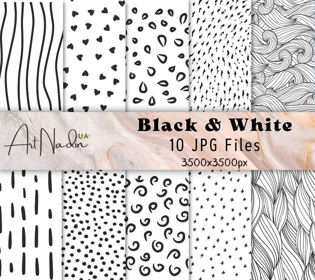 Black White Digital Seamless Paper Pack, Scandinavian Doodle Patterns ...