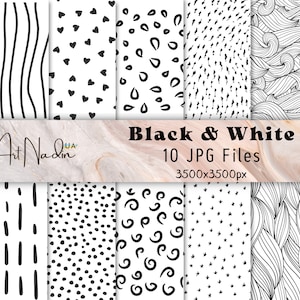 Pacchetto di carta digitale senza soluzione di continuità in bianco e nero, modelli doodle scandinavi, sfondo digitale, album di ritagli, modello disegnato a mano, download digitale