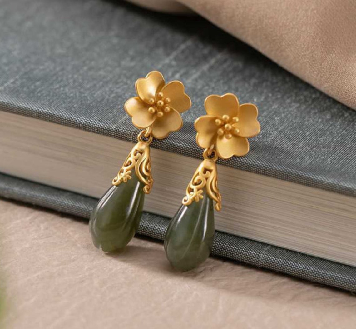 Natürliche Hetian Jade Ohrringe 18K Vergoldete Jade Ohrringe | Etsy