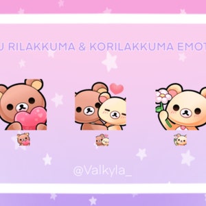 Può includere: Illustrazione digitale di tre emote di Rilakkuma e Korilakkuma. Le emote mostrano un orso marrone con un cuore rosa, due orsi che si abbracciano e un orso con un fiore. Il testo recita "P2U RILAKKUMA & KORILAKKUMA EMOTES".