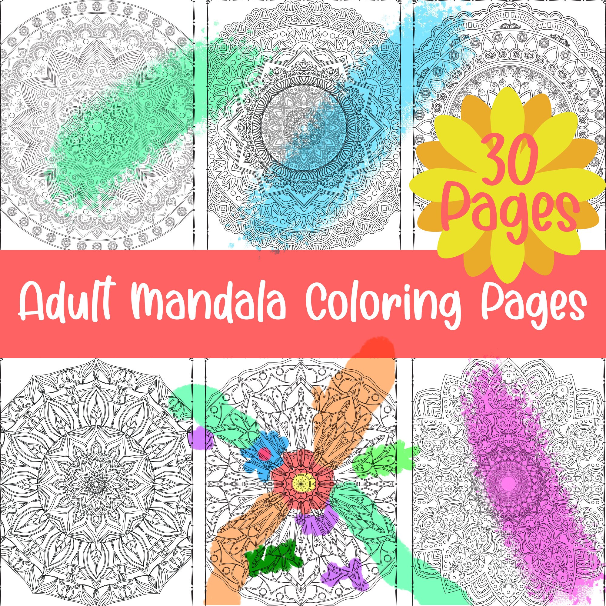 30 Pretty Mandala Coloring Pages Bundle, Beautiful Mandala Coloring Book, Rose, Peony, Daisy, Tulips Flower Coloring Pages, Instant Download