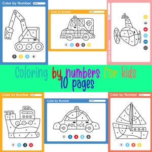数字で色を塗る乗り物、数字で色を塗る、子供向けアクティビティ、子供向け塗り絵ガイド、楽しいアクティビティ、即時ダウンロード