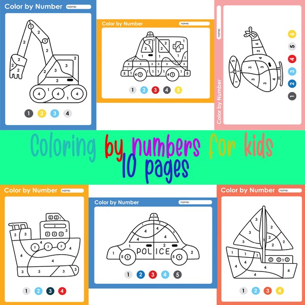 Vehicles Color By Number , Color by Number, Activity for kids, Coloring Guide for Kids , Fun activity, Instant Download